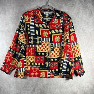 Vintage EHL‎ Blouse Womens 20W Red Blue Printed Button Up Art To Wear Old Money